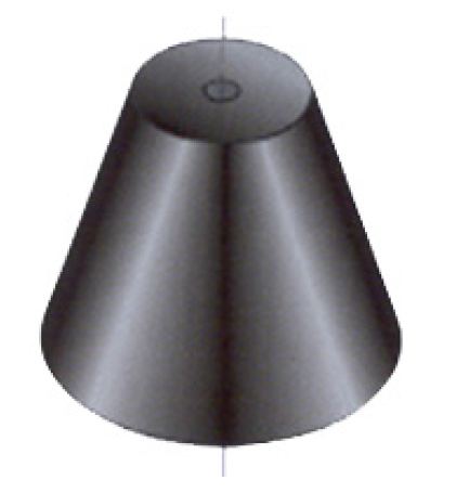 Donkere afgeknotte kegel met cirkelvormige basis en afgeronde top.