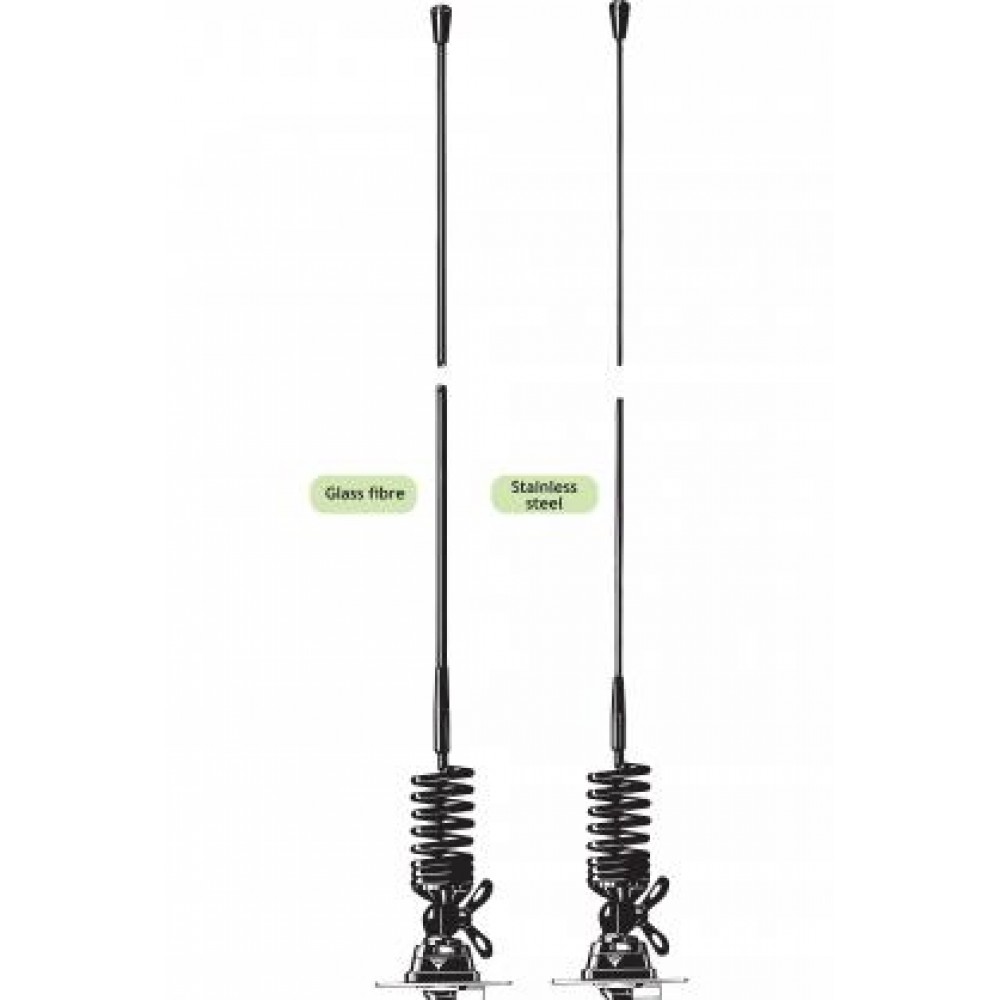 Twee antennes met spiraalveer, links glasvezel, rechts roestvrij staal.