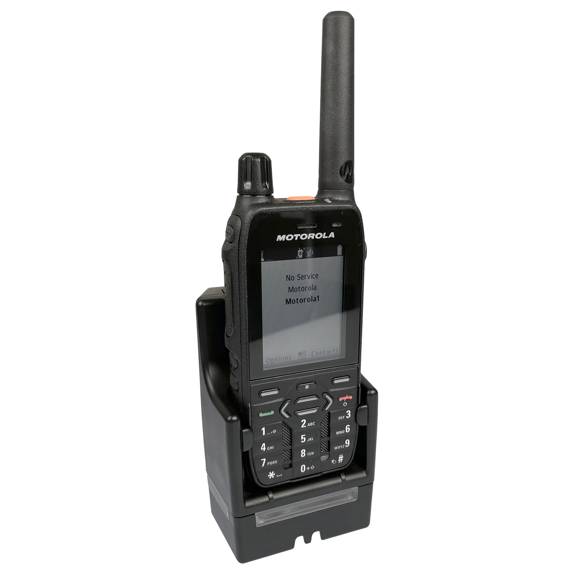 Handheld radio with antenna in charging dock, display reads 'No Service'.