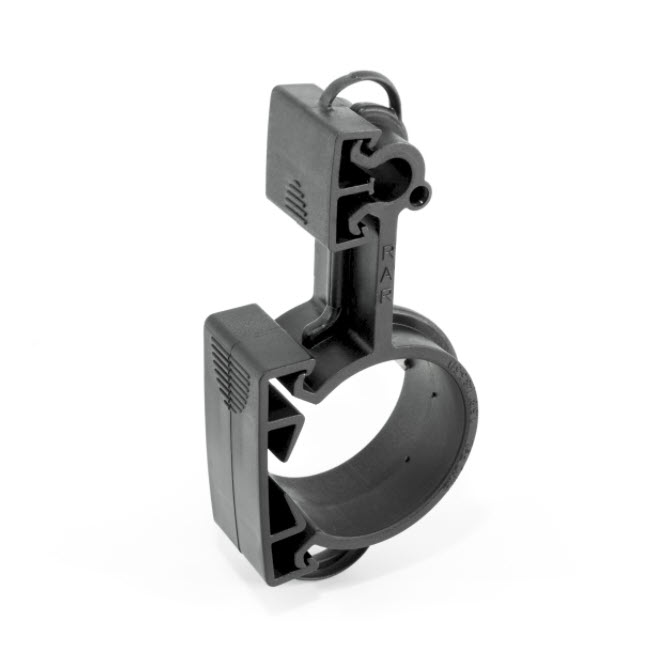 Black plastic cable holder with round opening and built-in clamp.