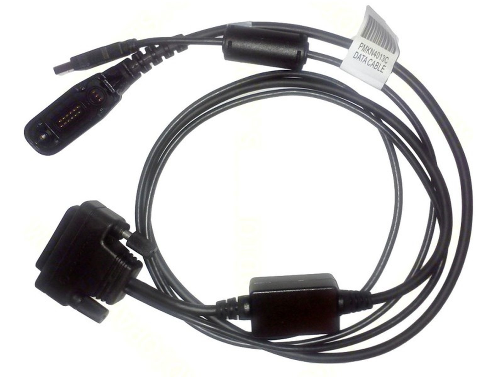 Black data cable with multiple connectors and a label.