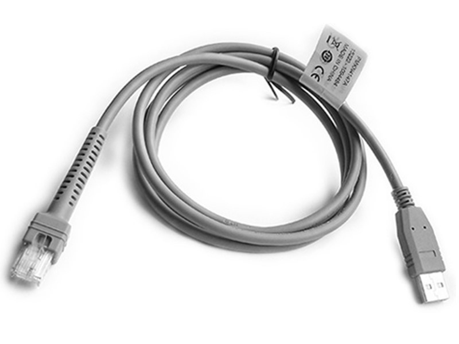 Grijze USB-kabel met RJ45- en USB-connectoren, opgerold.