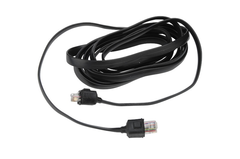 Zwart telefoonkabel met twee stekkers, losjes opgerold.