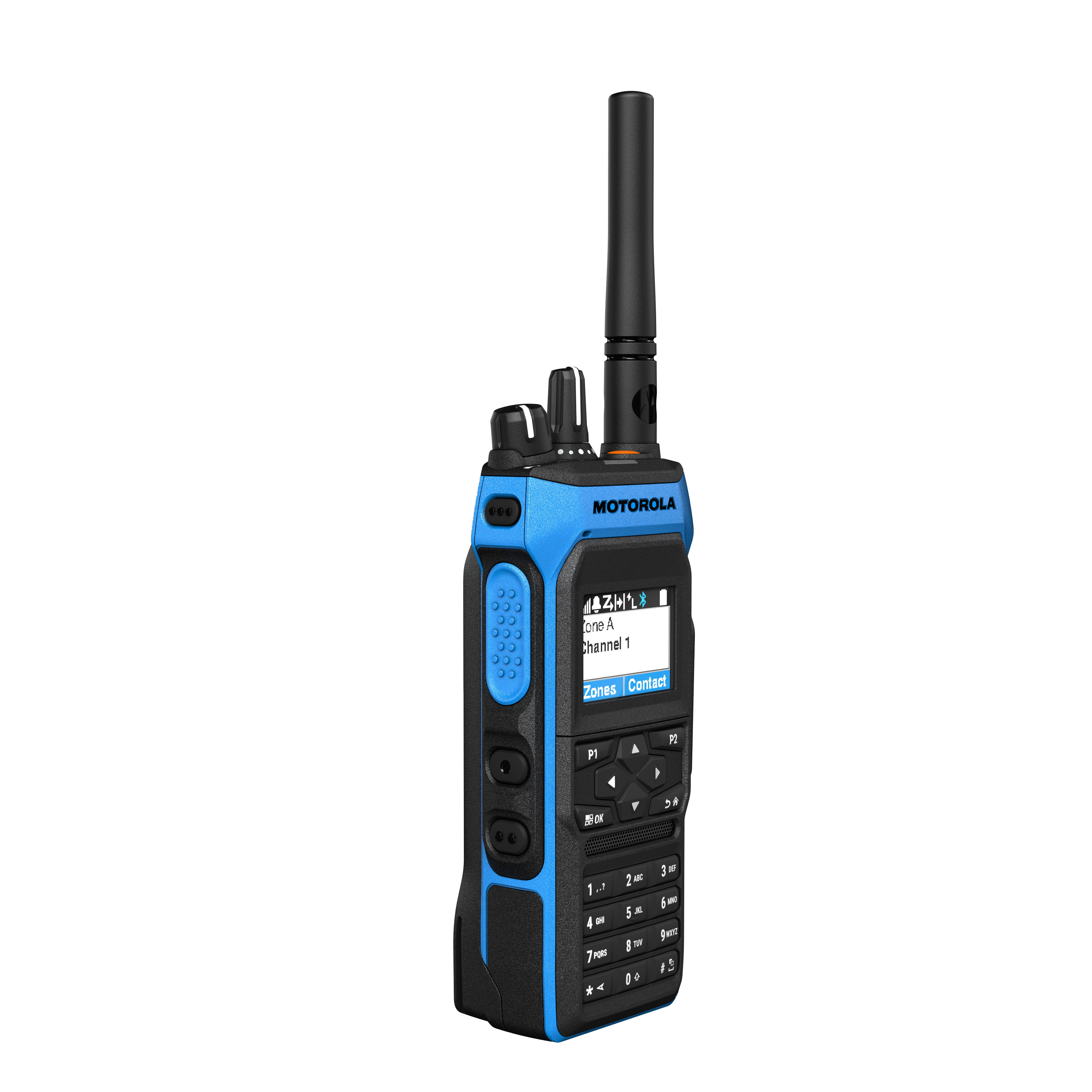 Radio met scherm, toetsenbord, antenne en volumeregeling.