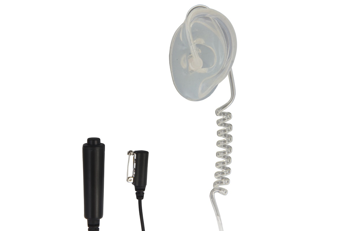 Heldere oordop met spiraalkabel en zwarte connectors.
