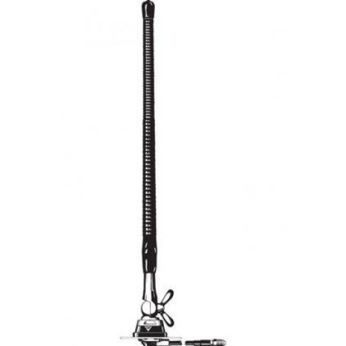 Antenne CB noire avec base à ressort et support.