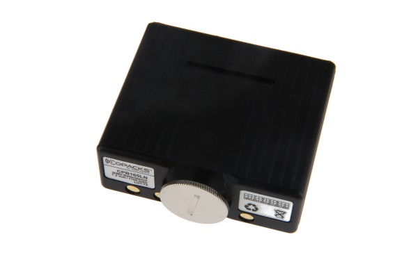 Black plastic container with round silver closure