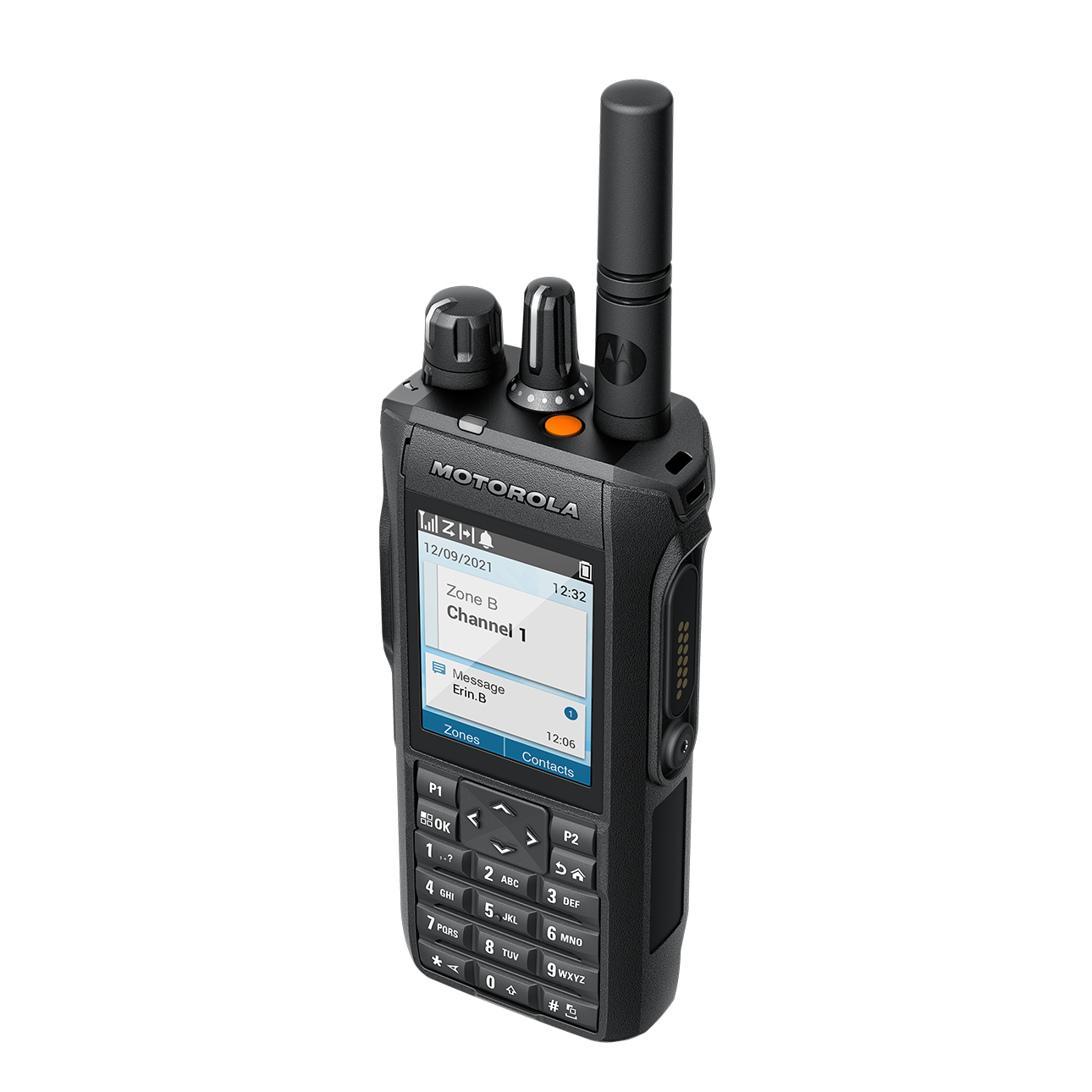 Handradio met display en toetsenbord, zwarte antenne bovenop.