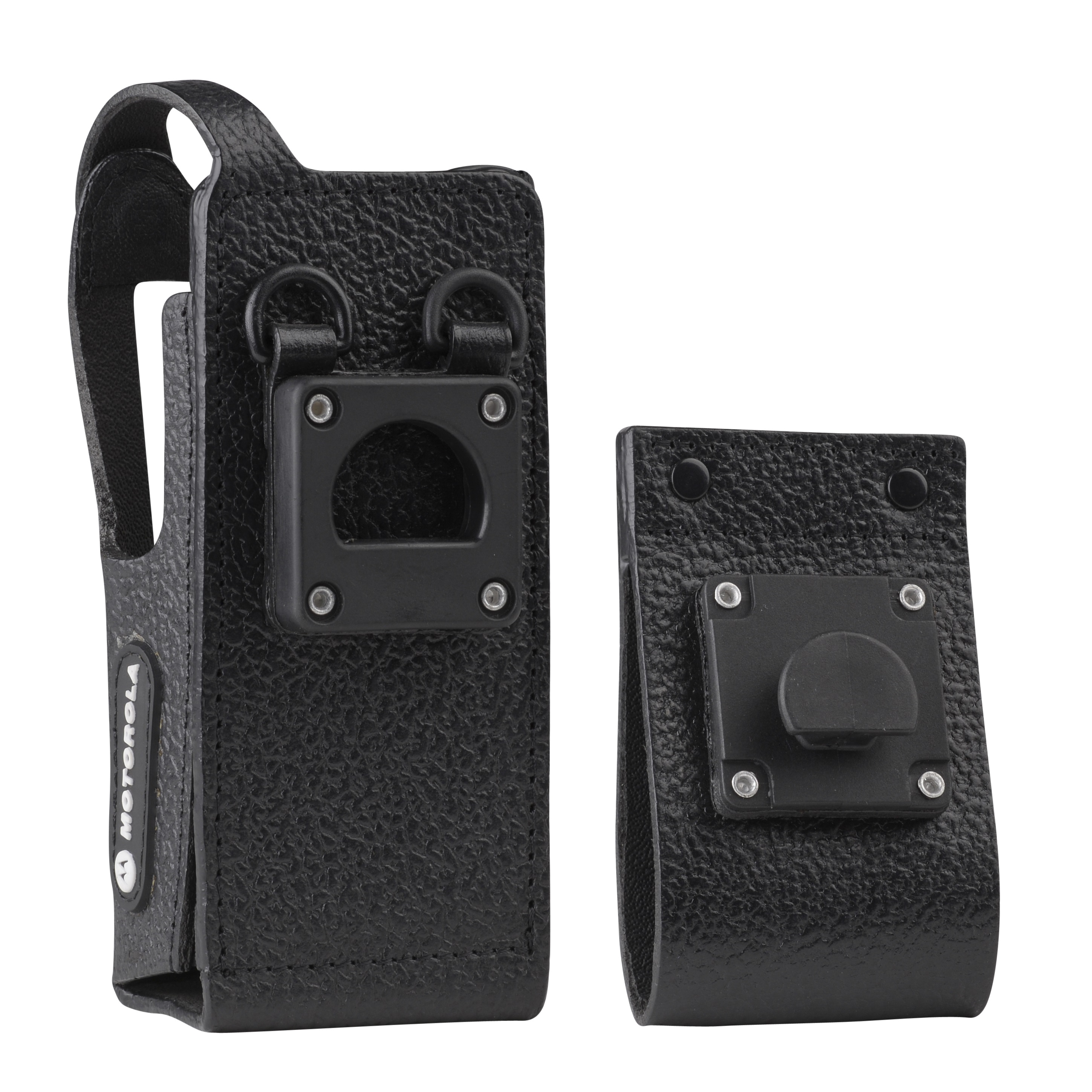 Twee zwarte lederen hoesjes met bevestigingen aan de achterkant.