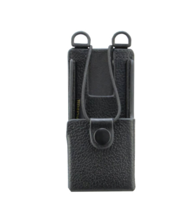 Black leather case with belt clip and snap button closure.