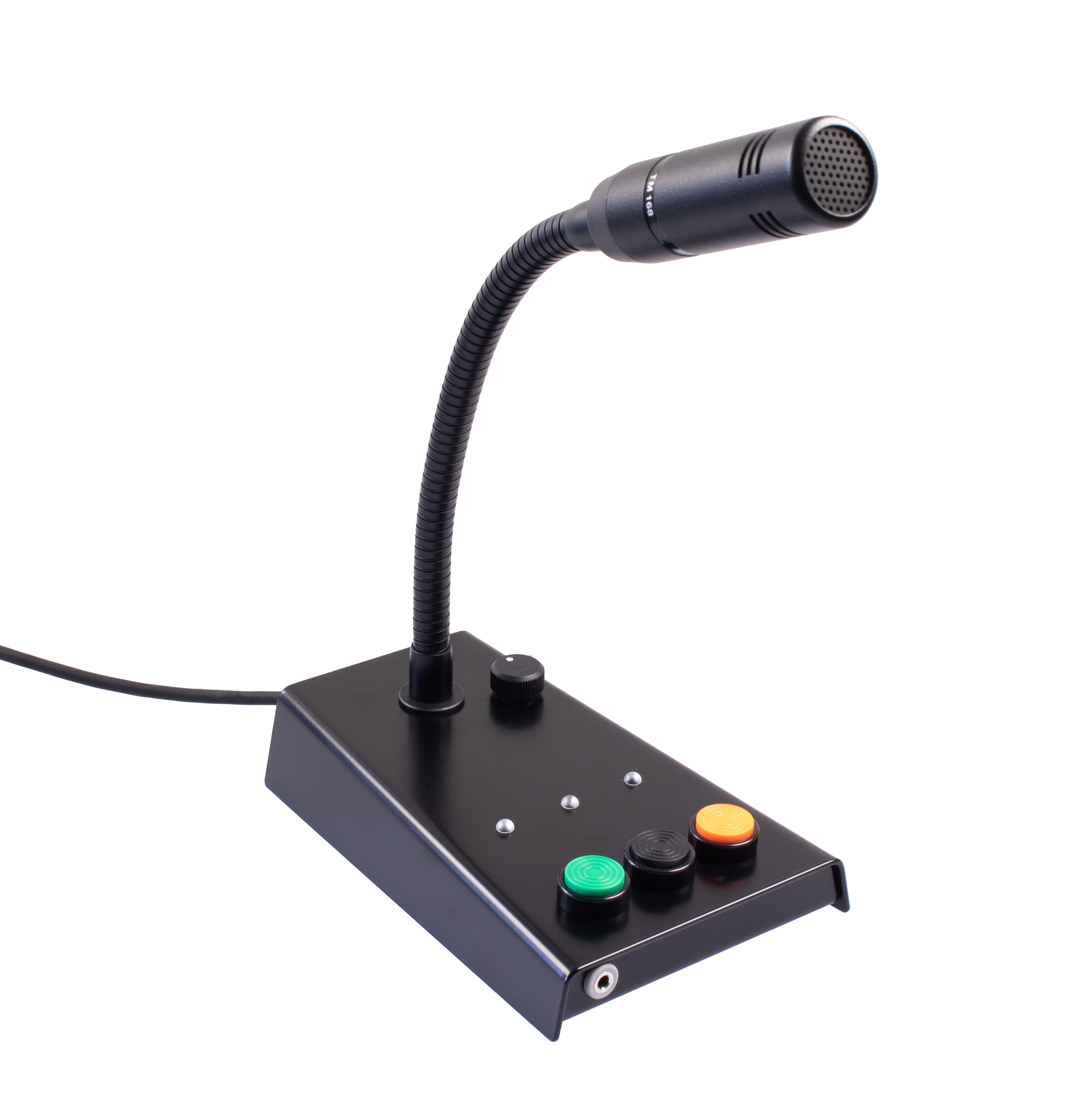 Black desktop microphone with green, black, and orange button on base.
