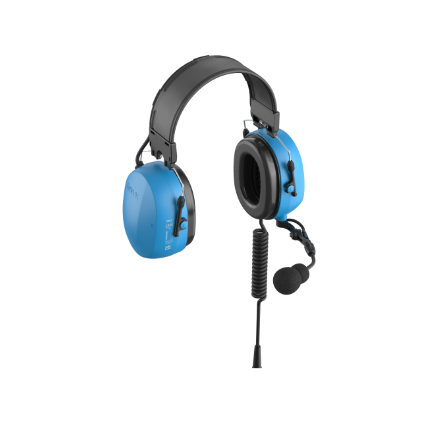 Blue headset with microphone, coiled cable, padded headband.