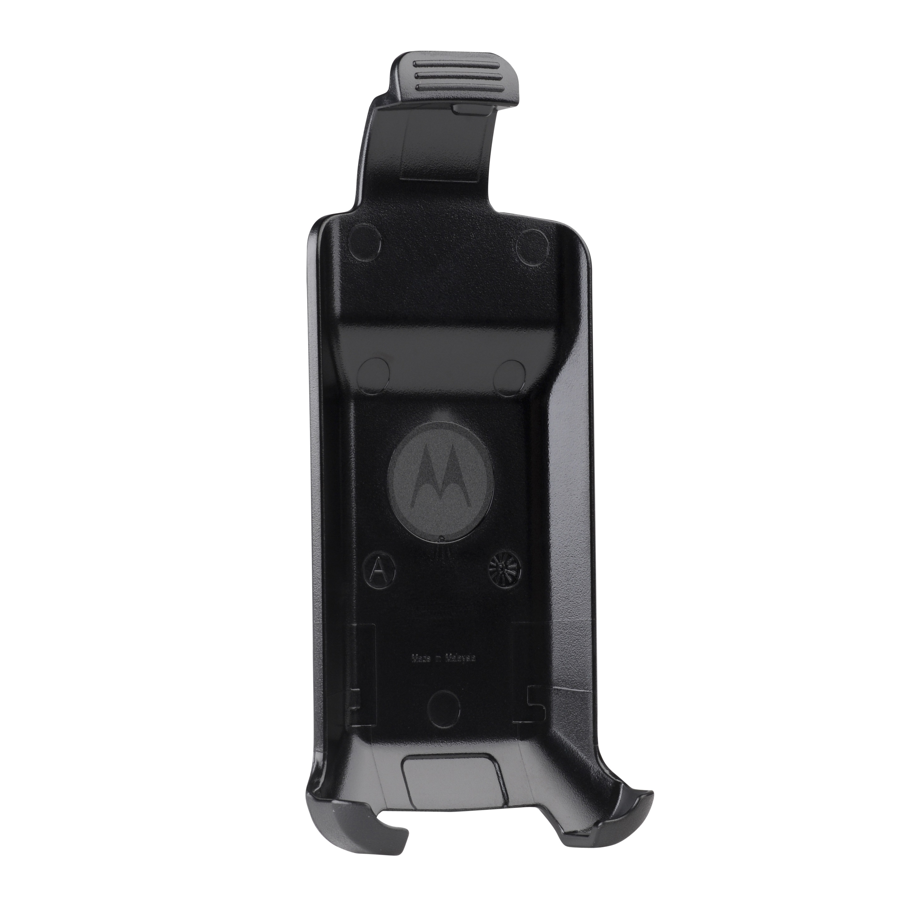 Zwarte plastic smartphonehouder met clip bovenaan.