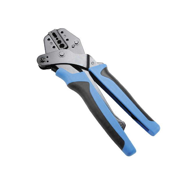 Crimping tool with blue handles for cable connections.