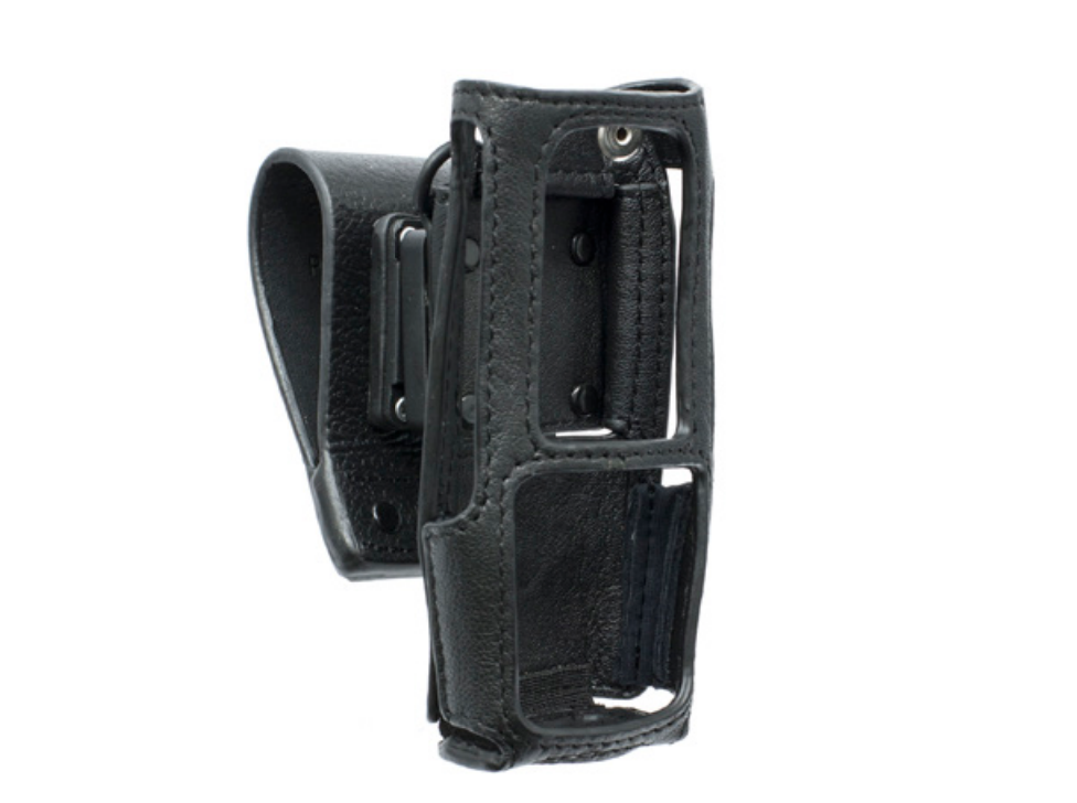Holster en cuir noir avec découpes et clip de ceinture.