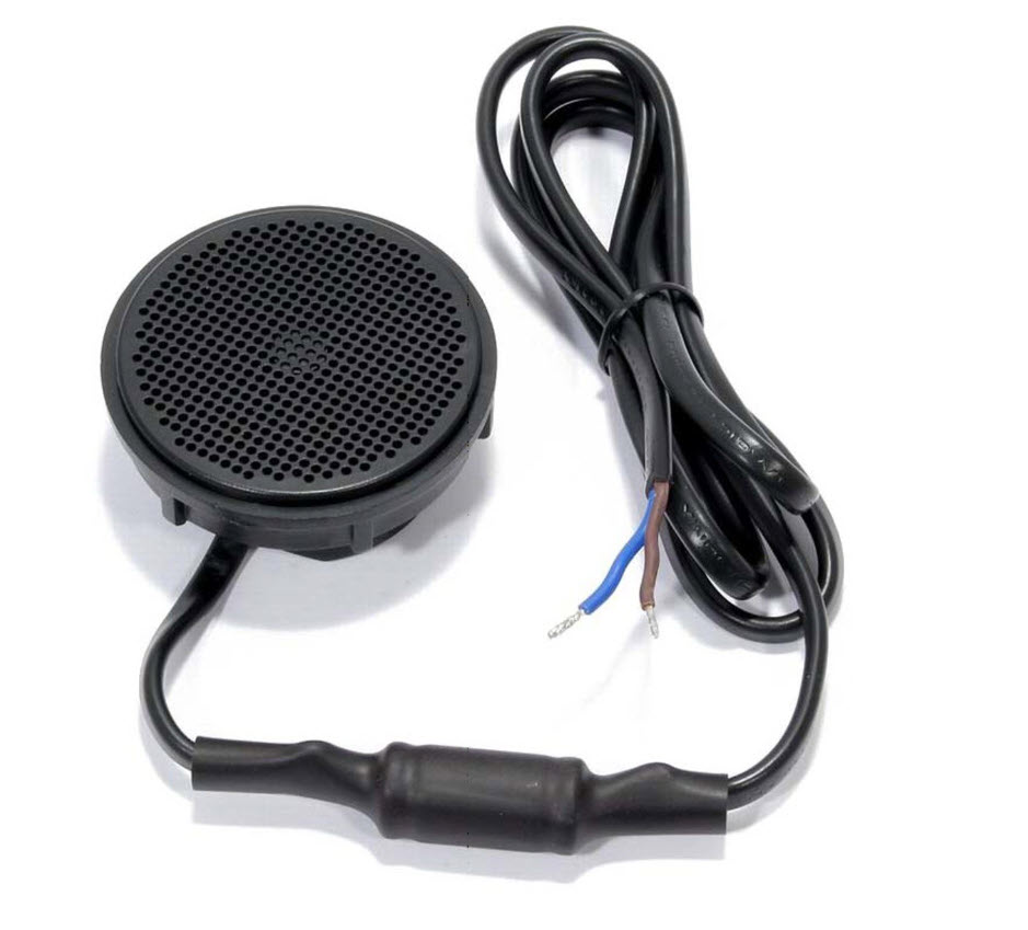 Black speaker with cable and exposed wire ends.