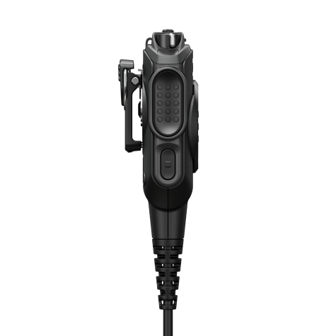 Black handheld microphone with clip and coiled cable