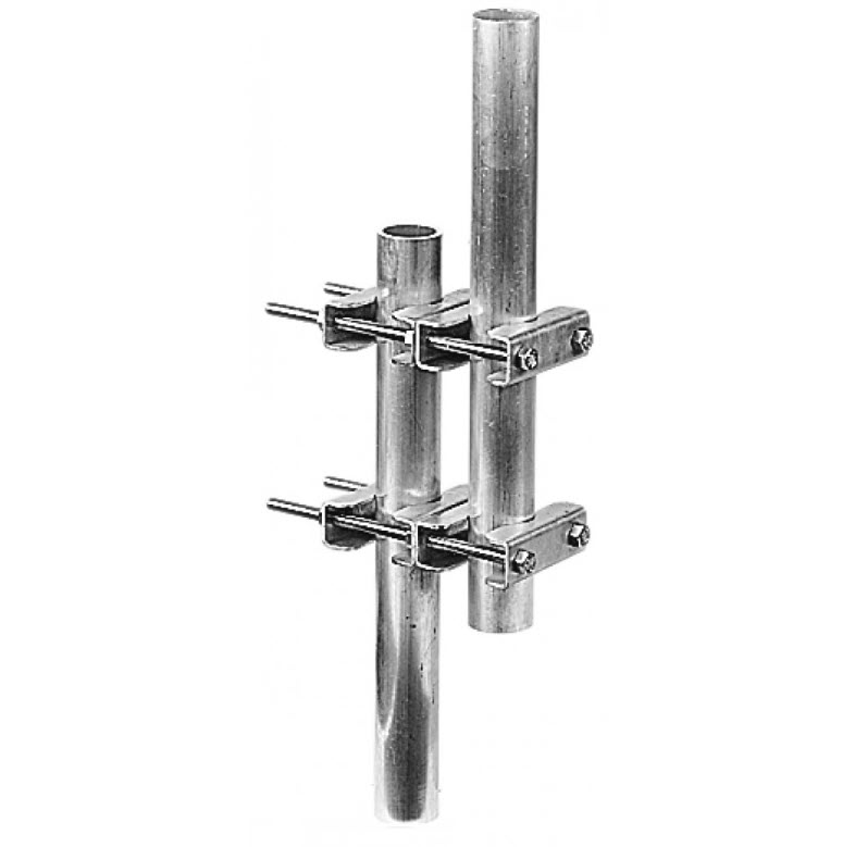 Three metal pipes, two vertical, one horizontal, connected by clamps.
