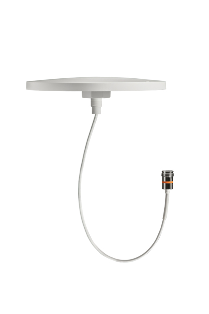 Ronde, witte satellietschotel met korte kabel en stekker