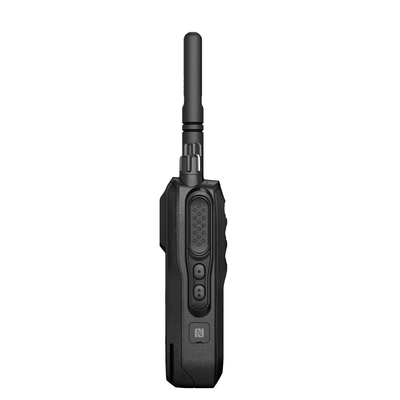 Zijaanzicht van een zwarte radio met antenne.