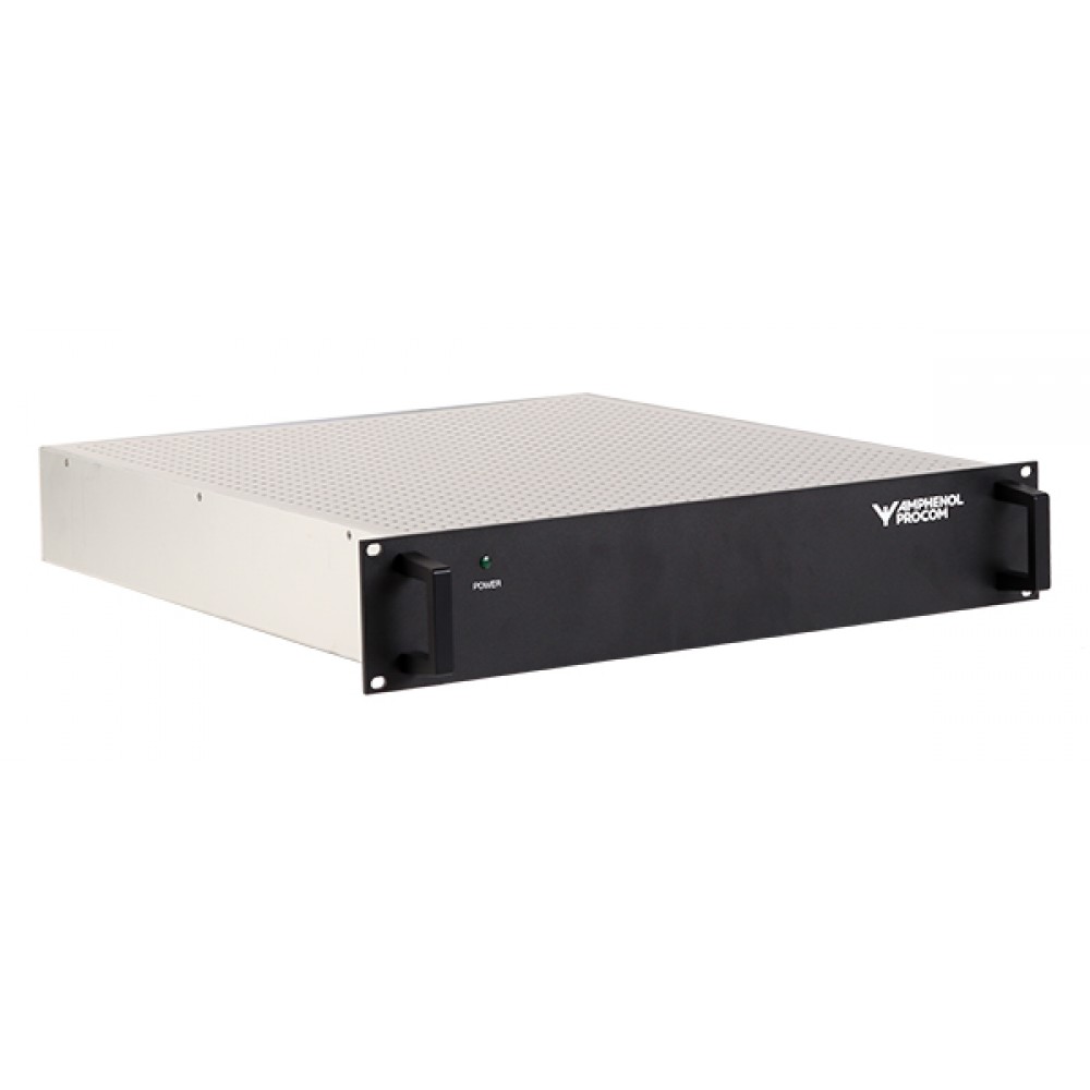 Zwart-zilver rackmount apparaat met merklogo en stroomindicator.