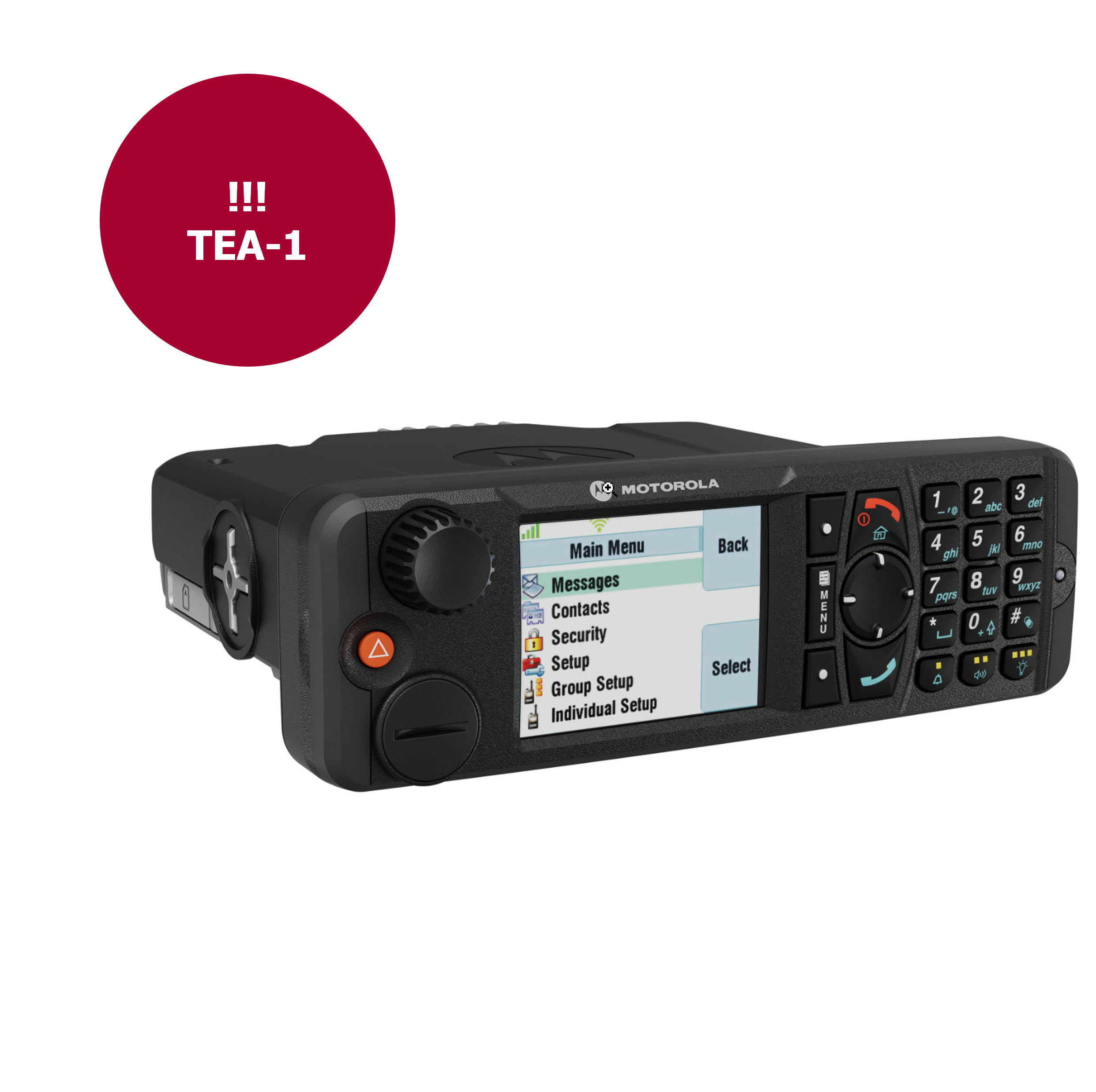 Zwart radiotoestel met scherm, toetsenbord en draaiknop.