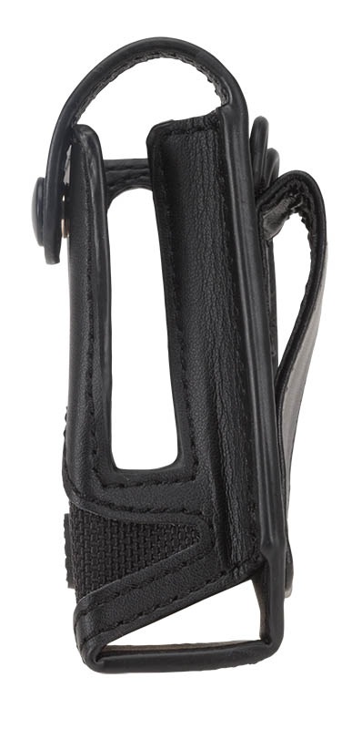 Zwarte verticale lederen holster met meerdere stiksels.