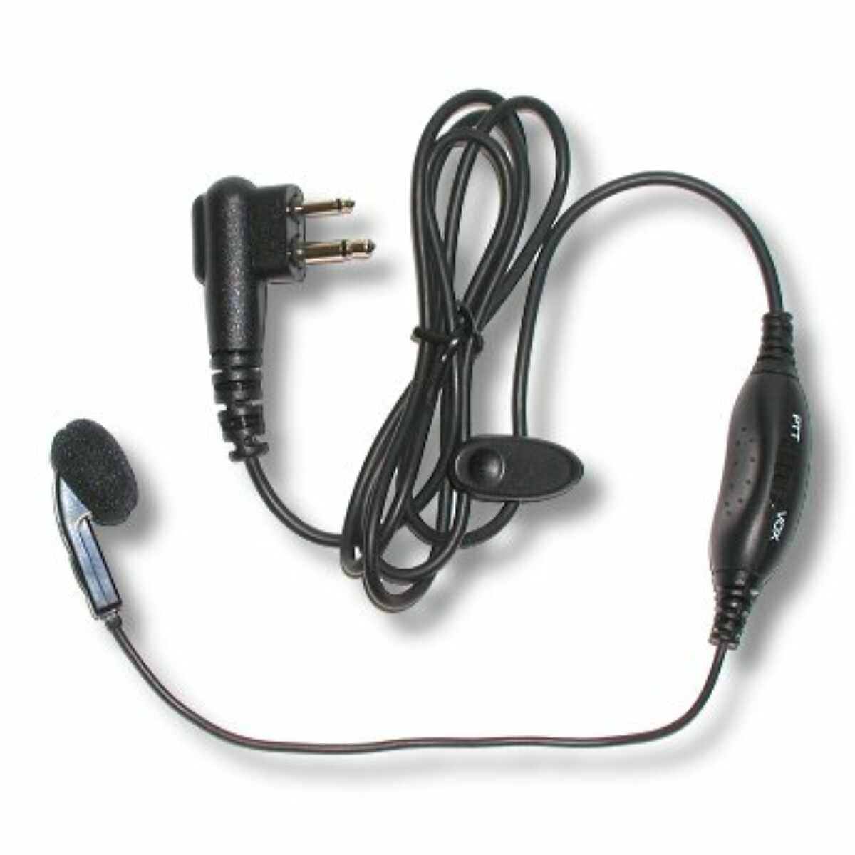Earbud with cable, plug, and integrated microphone.