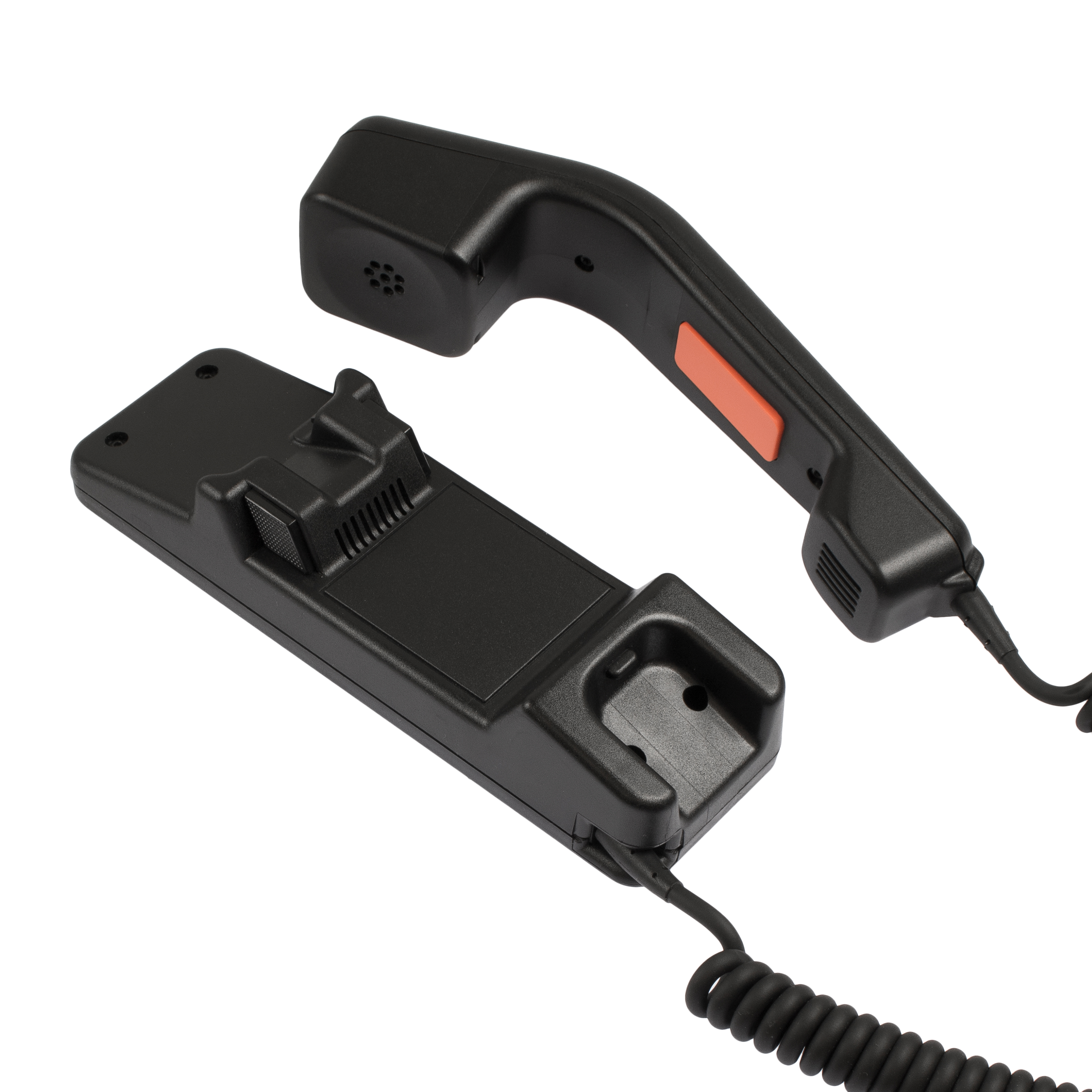 Combiné téléphonique noir avec bouton rouge, câble spiralé fixé.