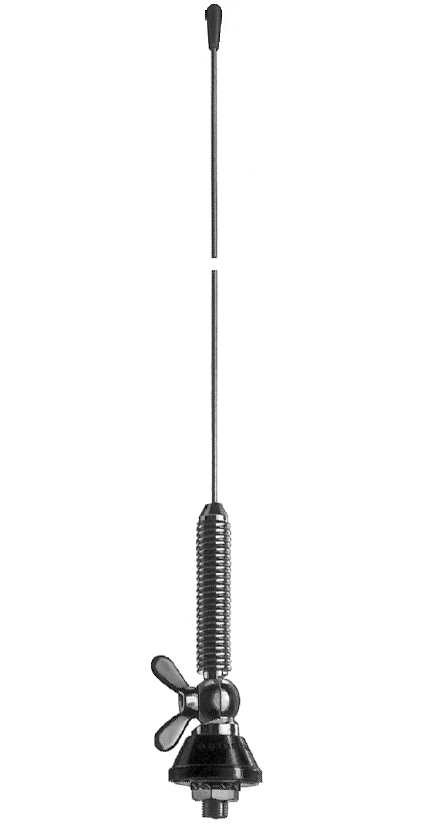 Longue antenne métallique avec ressort hélicoïdal et écrou papillon.