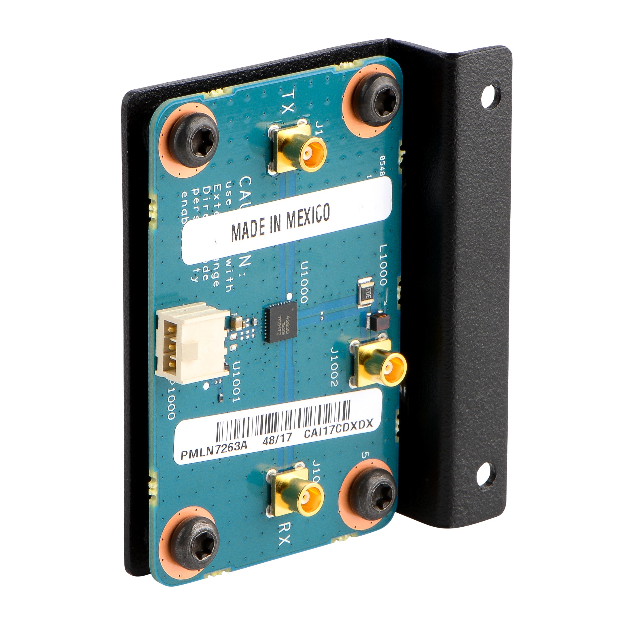 Composant électronique, PCB bleu, étiquette 'Made in Mexico'.