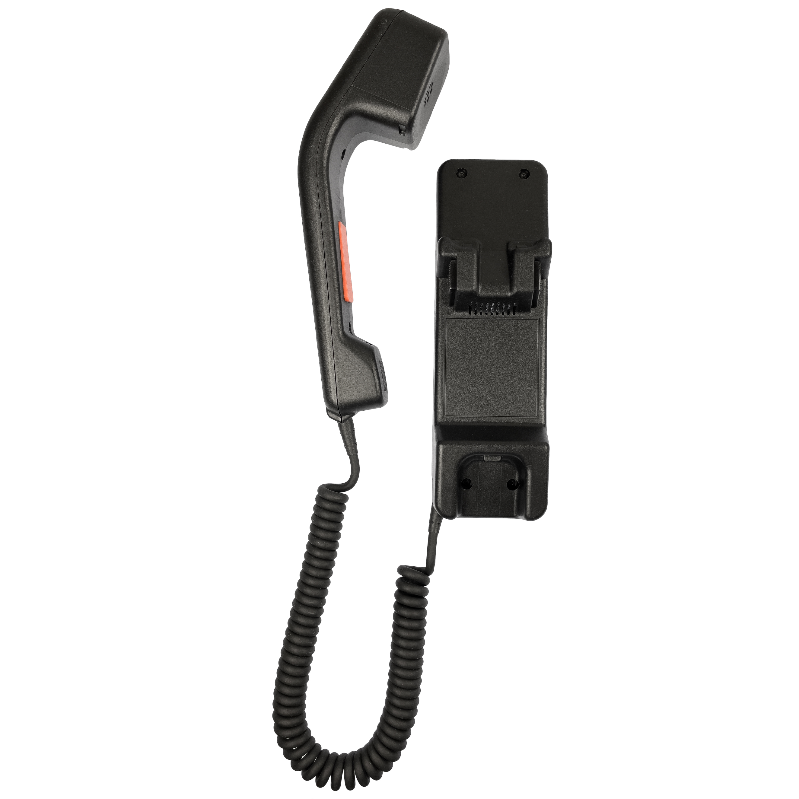 Combiné téléphonique noir avec cordon spiralé et support mural