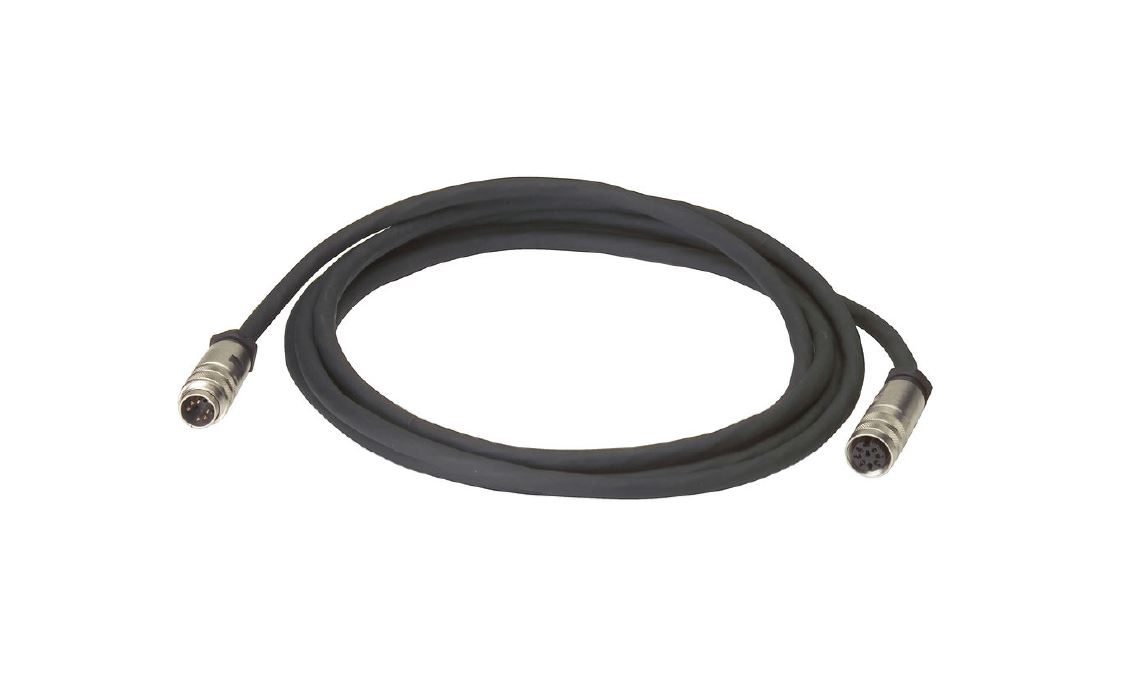Zwart kabel met twee ronde connectoren, één mannelijk, één vrouwelijk.