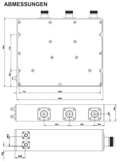 Technische tekening van een rechthoekige behuizing met afmetingen en aansluitingen.