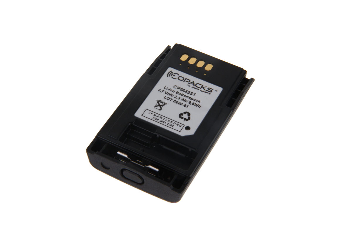 Zwarte lithium-ion accupack met 3,7 volt, 2200 mAh, 8,1 Wh capaciteit.