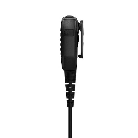 Zijaanzicht van een zwarte handmicrofoon met kabel.