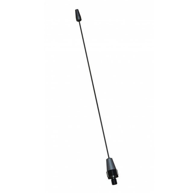 Zwarte voertuigantenne met schroefdraad aan de onderkant.