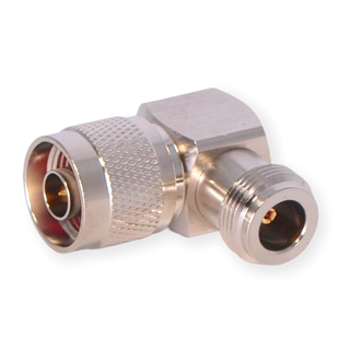Metal L-shaped connector with two threaded ports.