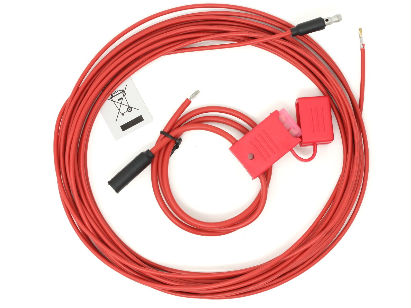 Red cable with clamps and warning symbol.