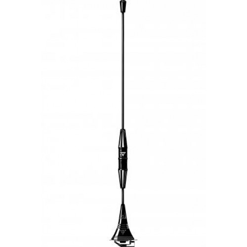 Zwarte metalen antenne met lange verticale staaf en taps toelopende secties