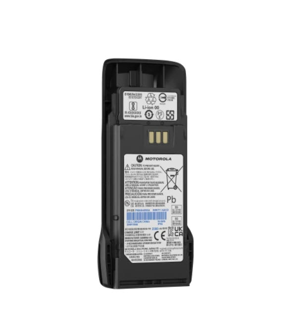 Back view of an open radio battery with manufacturer info and recycling symbols.