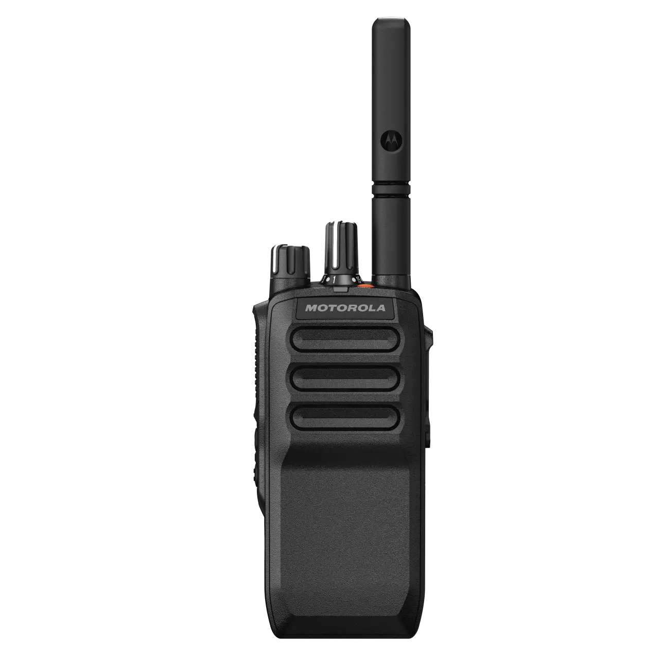 Zwarte draagbare radio met antenne en bedieningsknoppen bovenop.