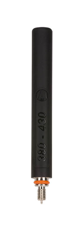Black radio antenna with screw connection, frequency range 380-430 MHz.