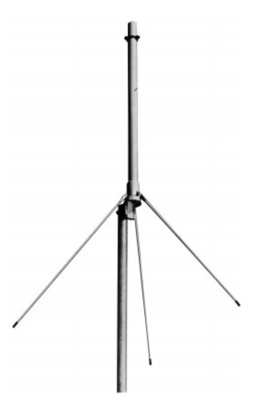 Mât d'antenne avec trois haubans pour stabilisation.