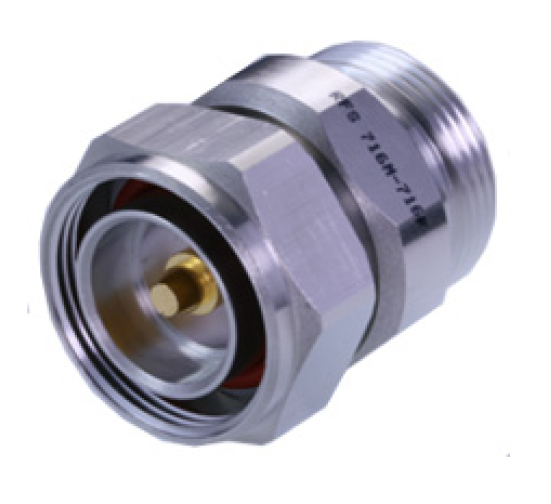 Metallic connector with hexagonal nut and internal connecting pin.