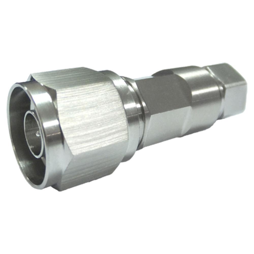 Zilveren coaxconnector met zeshoekige fitting.