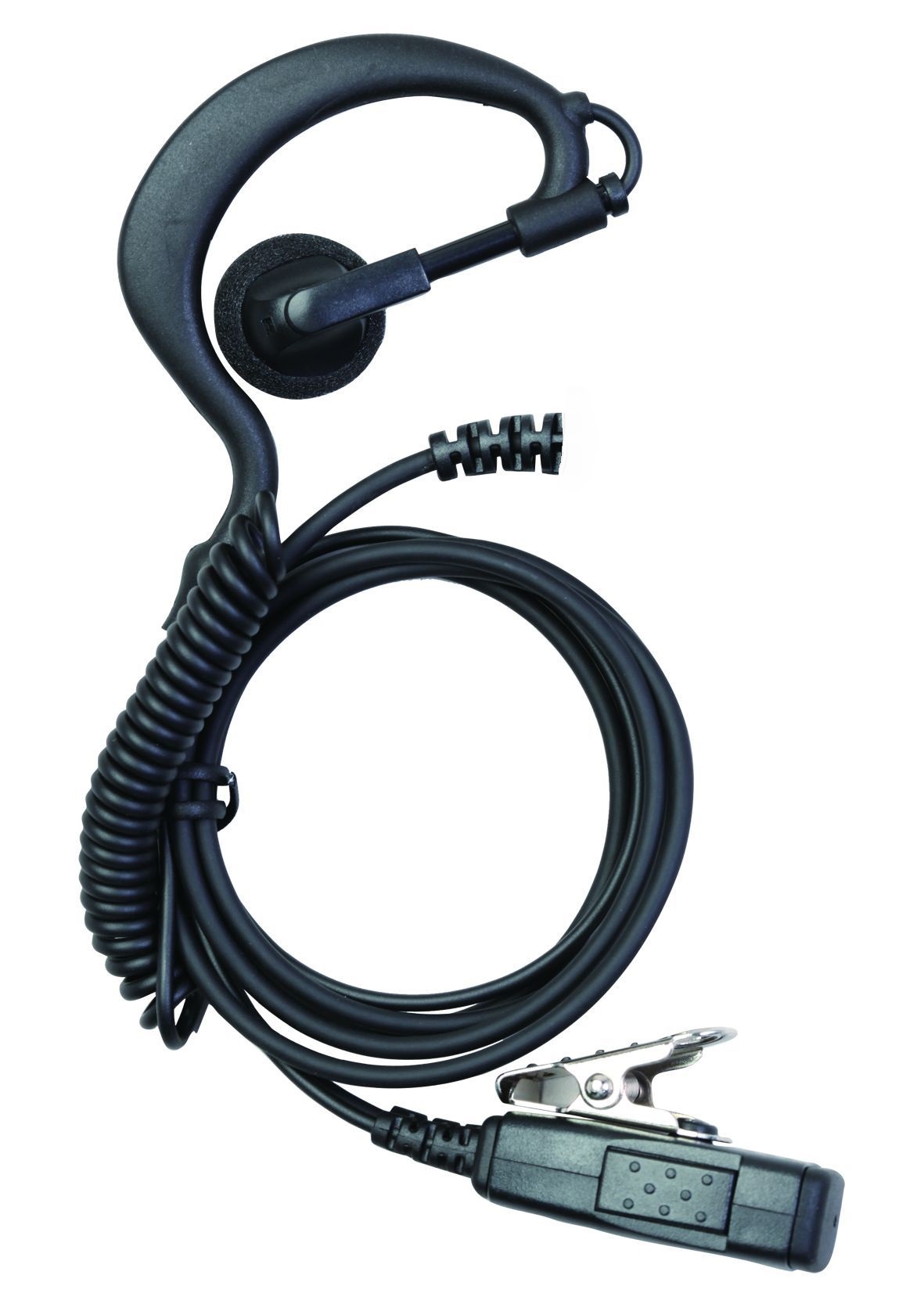 Earpiece headset with coiled cable and metal clip.