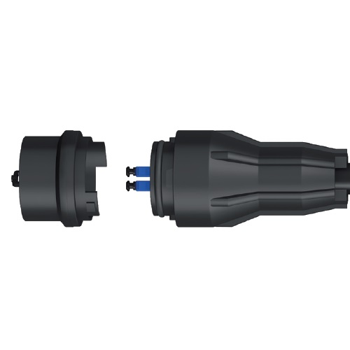 Two-part connector with blue interior and black casing.