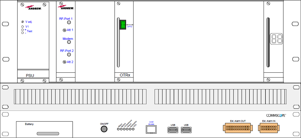 AND ION-M4 MU Config voor 1 tot 8 Smart OTRx met RMC1900 incl. BBU, AC - voorbereid voor 1 Smart OTRx-module Technisch rek met PSU, OTRx en alarmconnectoren.