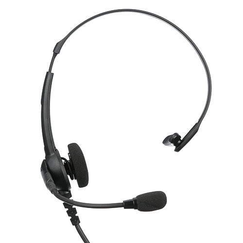 Black headset with microphone arm, single earpiece.
